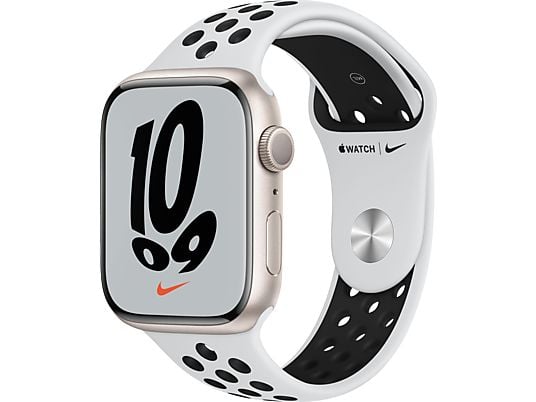 APPLE Watch Series 7 Nike (GPS + Cellular) 45mm Smartwatch Fluorelastomer, 140 - 220 mm, Armband: Pure Platinum/Schwarz, Gehäuse: Polarstern APPLE Watch Series 7 Nike (GPS + Cellular) 45mm Smartwatch Fluorelastomer, 140 - 220 mm, Armband: Pure Platinum/Schwarz, Gehäuse: Polarstern